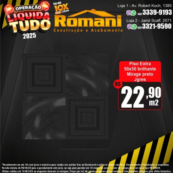 PISO JGRES HD MIRAGE PT PRETO BRIL 50X50 CX 2,50*