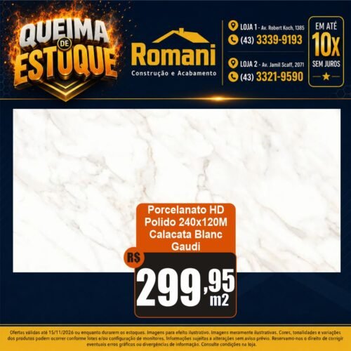 008298 PORC GAUDI CALACATA BLANC POLIDO 120X240 CX 2,88*