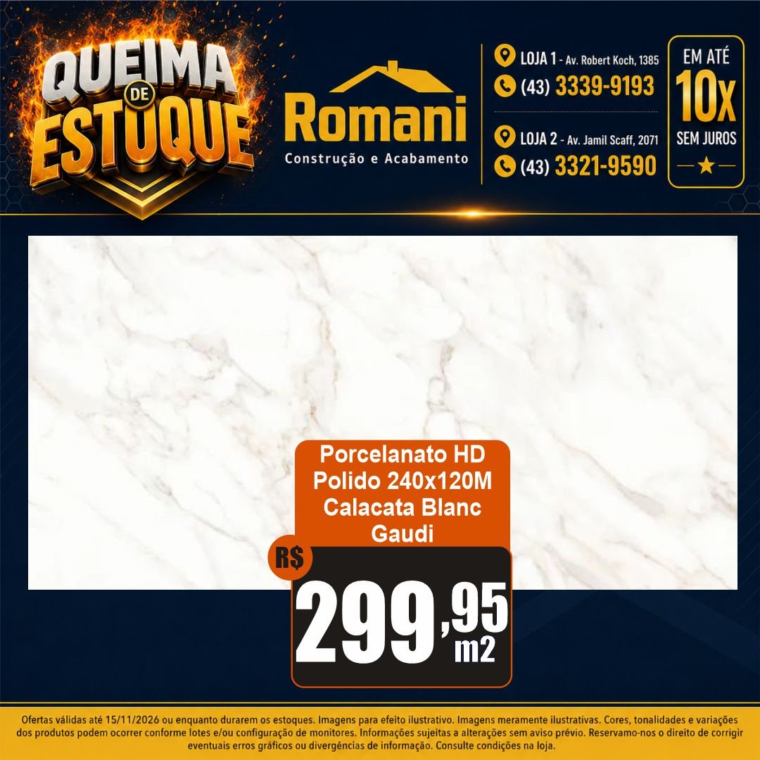 008298 PORC GAUDI CALACATA BLANC POLIDO 120X240 CX 2,88*