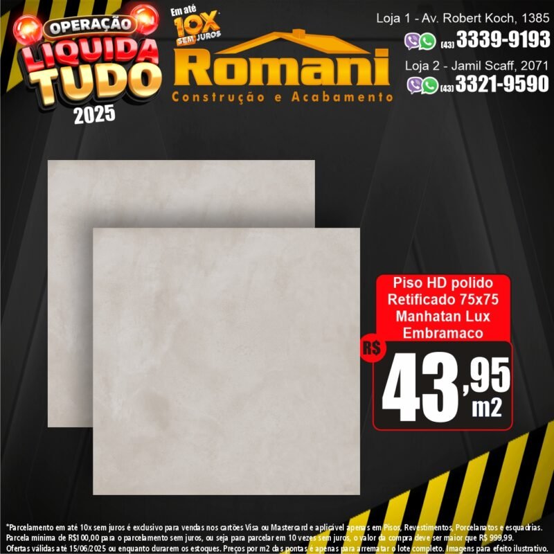 PISO EMB POL 75X75 2,81 MANHATAN LUX PRIME P75036*